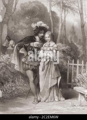 Faust und Gretchen in der Goethe-Version der Legende. Faust und Margarita in der Michail Bulgakow-Version der Geschichte. Nach einem Werk von Jules David aus dem 19. Jahrhundert. Stockfoto