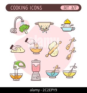 Symbol für Kochanweisungen eingestellt. Sehr nützlich, um Kochrezepte zu erklären. Farbenfrohe handgezeichnete Ausführung. Dritter Teil der sieben Bilder vollständige Sammlung. Stock Vektor