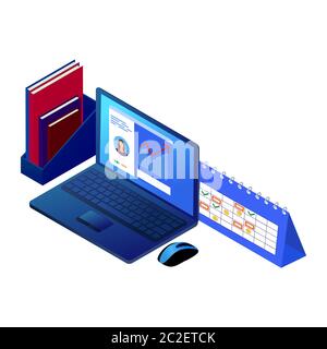 Isometrisches Online-Lernkonzept. Laptop mit Video-Tutorial auf dem Bildschirm. Distanz Arbeit isoliert Vektor-Illustration Stock Vektor