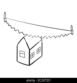 Konzept der Scheidung und Teilung des Eigentums. Saw schneidet das Haus in der Hälfte. Schwarz-Weiß Skizzenvektordarstellung Stock Vektor