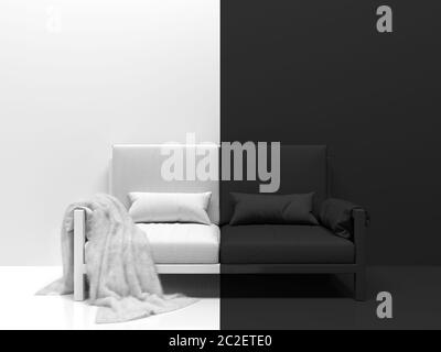 Schwarz-weiße Innenausstattung mit einem schwarz-weißen Sofa. Kreative monochrome konzeptuelle Illustration in der Mitte in zwei Teile geteilt. 3 Stockfoto