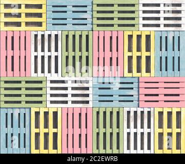 Holzpaletten in verschiedenen Pastellfarben und Formen liegen in einer Reihe in der Draufsicht. Nahtlose Textur oder Hintergrund. Kreative dekorative Illustration. 3D Stockfoto