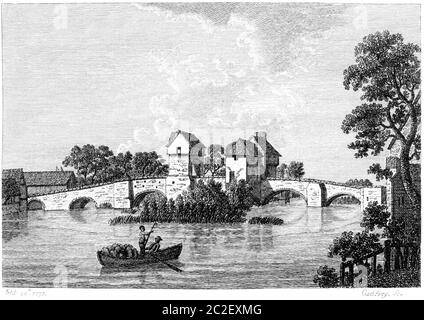 Ein Stich von Bedford Bridge September 20 1773, der in hoher Auflösung von einem Buch aus den 1770er Jahren gescannt wurde. Glaubte, Copyright frei. Stockfoto