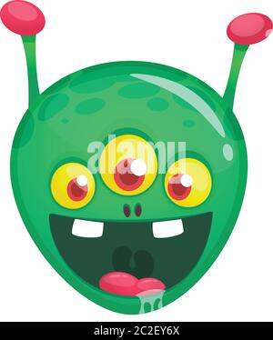 Grün lustig glücklich Cartoon Alien. Grüner Vektor Alien-Charakter mit drei Augen. Halloween-Design Stock Vektor