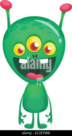 Grün lustig glücklich Cartoon Alien. Grüner Vektor Alien-Charakter mit drei Augen. Halloween-Design Stock Vektor