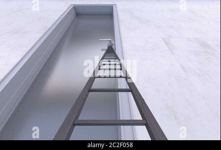 Eine Leiter, die gegen eine große und hohe Bürotür steht. Blick von unten nach oben. Konzeptionelle kreative Illustration mit Kopierbereich. 3D-Rendering. Stockfoto