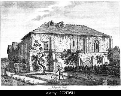 Ein Stich der Pythagoras School Cambridge 13. August 1783, hochaufgelöste Abtaster aus einem Buch, das in den 1780er Jahren veröffentlicht wurde. Glaubte, Copyright frei. Stockfoto