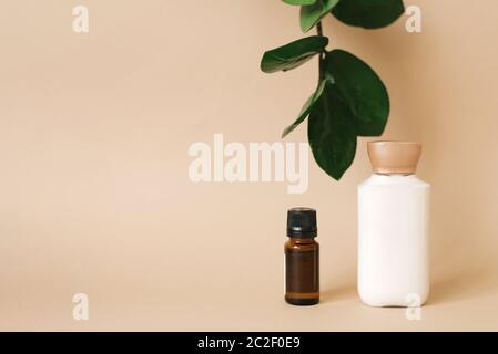 Natürliche Bio-Kosmetik mit Pflanzenextrakten. Zwei Flaschen mit Gesichts- und Körperpflegeprodukten. Speicherplatz wird kopiert Stockfoto