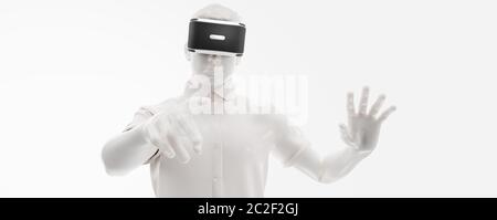 VR-Headset, Technologie. 3d-Rendering des Mannes, trägt Virtual-Reality-Brille auf weißem Hintergrund. VR-Spiele. Sie finden auch ein für dieses Bild in meinem Stockfoto