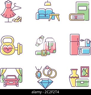 Einkaufskategorien RGB-Farbsymbole gesetzt Stock Vektor