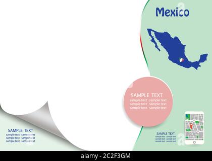 Reisen Mexiko Vektor in grüner Farbe, die den blinden Mexicani Karte und Smart Phone mit Stadtplan app Vorlage. Vektor enthält Seite Wirkung curl mit einer Stockfoto