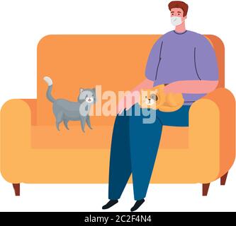 Mann trägt Schutzmaske gegen covid 19, sitzt auf dem Sofa mit Katzen, zu Hause bleiben Konzept Stock Vektor