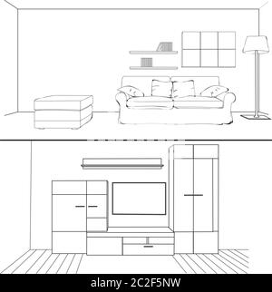 vektor, Wohnzimmer mit Sofa, Skizze Stock Vektor