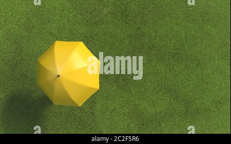 Single Mensch unter gelbem Schirm auf dem grünen Rasen mit Gras bedeckt. Draufsicht. Abbildung mit Kopierbereich. 3D-Rendering. Stockfoto