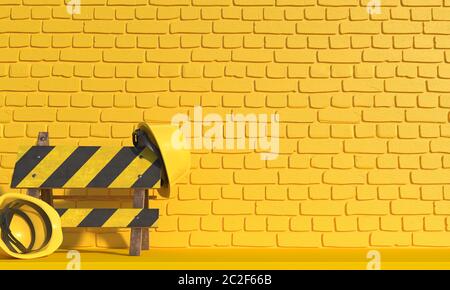 Gelber Bauhelm und Straßenbarriere Schild ist auf einem Hintergrund einer gelben Ziegelmauer. Monochrome Illustration mit Kopierbereich. 3D-Rendering Stockfoto