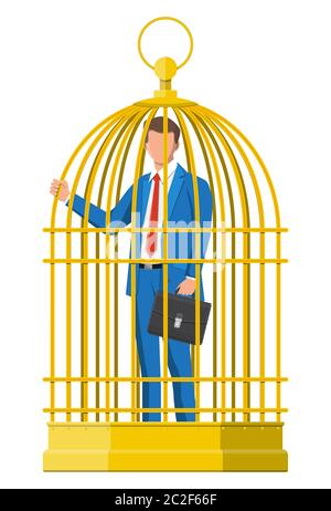 Geschäftsmann in Vogelkäfig eingesperrt. Geschäftsmann Mann in goldenen Käfig. Gefühl, bei der Arbeit gefangen zu sein. Konzept des Reichs, aber nicht frei und Überarbeit. Flache Vektorgrafik Stock Vektor