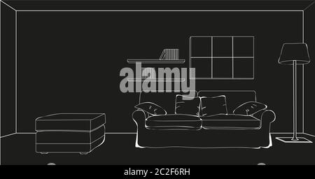 vector, Wohnzimmer mit Sofa, Skizze auf schwarzem Hintergrund Stock Vektor