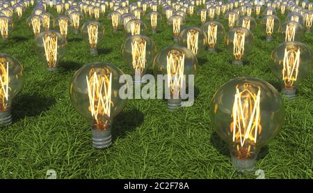 Glühende Glühbirne wachsen aus Gras bedeckt Boden. Alternative erneuerbare Energiequellen. Erzeugung von Elektrizität aus dem Boden. Konzeptionell kreativ i Stockfoto