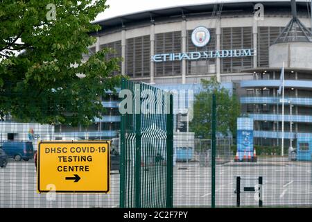 Manchester, Großbritannien. Juni 2020. Das Etihad Stadium wird vor Manchester City Spiel Arsenal gesehen, da die Premier League 100 Tage nach dem es im Angesicht von Coronavirus, Manchester, Großbritannien, beschnitten wurde. Kredit: Jon Super/Alamy Live Nachrichten. Stockfoto