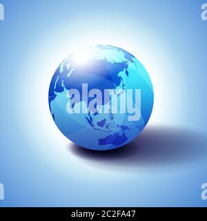 China Korea Japan Pacific, Hintergrund mit Globe Icon 3D Illustration, glänzende, glänzende Kugel mit Global Map in subtilen Blues, die ein transparentes Gefühl gibt. Stock Vektor