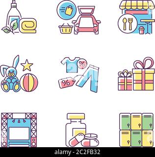 Shopping Mall Produkte RGB-Farbsymbole gesetzt Stock Vektor