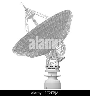 Riesige Satellitenantenne Teller für Kommunikation und Empfang des Signals aus dem Planeten Erde. 3D-Abbildung in Weiß mit Freistellungspfad enthalten. Stockfoto