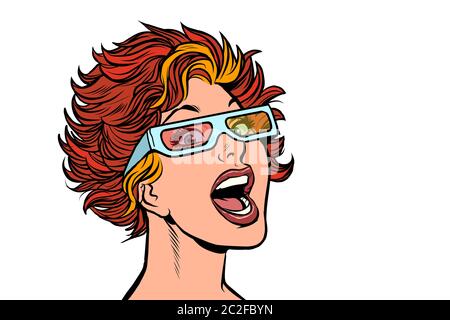 Frau im Film Stereobrille. Pop Art retro Vektor illustration Zeichnung Stockfoto