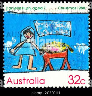 AUSTRALIEN - UM 1988: Stempel gedruckt von Australien, zeigt Kinderdesign-Wettbewerb Gewinnerzeichnungen, Krippe, von Danielle Hush, um 1988 Stockfoto