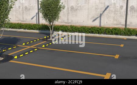 Leerer Parkplatz ohne Autos. Parkplätze, Gehweg für Fußgänger mit Blumenbeet. 3D-Rendering. Stockfoto