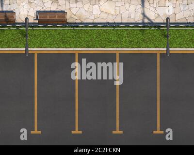 Leerer Parkplatz ohne Autos. Parkplätze, Gehweg für Fußgänger mit einer Bank und Blumenbeet. Draufsicht. 3D-Rendering. Stockfoto