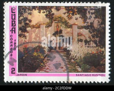 KUBA - UM 1976: Briefmarke gedruckt von Kuba, zeigt Garten, von Santiago Rusinol, um 1976 Stockfoto