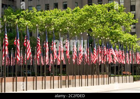 American Flags am Rockefeller Center Plaza sind eine Hommage an den United States Flag Day, New York City, USA Stockfoto
