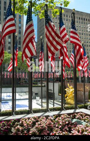 American Flags am Rockefeller Center Plaza sind eine Hommage an den United States Flag Day, New York City, USA Stockfoto