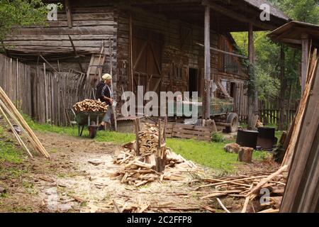 Moldawien Frau und Holz im Hausgarten schneiden Stockfoto