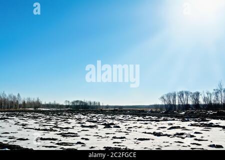 Landschaft mit schmelzenden Schnee auf Frühjahr Land, blauer Himmel, Sonne, Bäume und Wald. Stockfoto