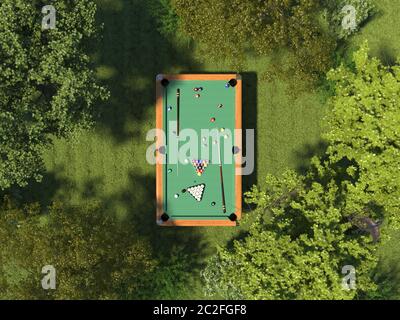 Billard auf der grünen Wiese im Wald unter den Bäumen. Single Billardtisch mit Queue und Billardkugeln auf Gras auf der Draufsicht. Glücksspiel in der Natur Stockfoto