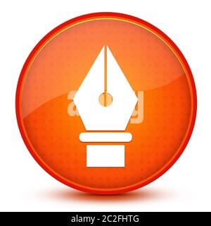 Stiftsymbol isoliert auf abstrakter Abbildung mit orangefarbenem Glanzstern und runder Taste Stockfoto