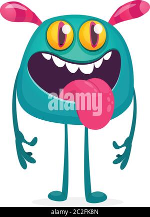 Cartoon glücklich und niedlich Monster zeigen Zunge. Vektorgrafik für Aufkleber, Logo oder Verpackungsdesign Stock Vektor