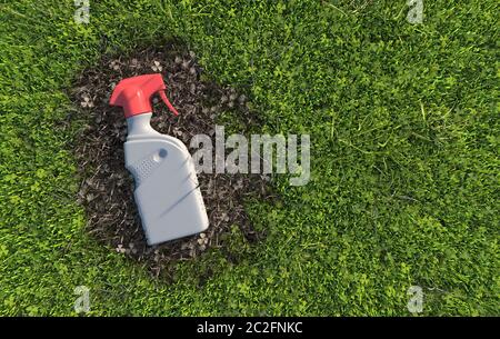 Eine gebrauchte Plastikflasche liegt auf verwelktem Gras, verschmutzt den Boden und zerstört Pflanzen. Umweltverschmutzung durch giftige Abfälle. Konzeptionell kreativ illu Stockfoto