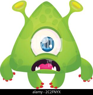 Grün lustig glücklich Cartoon Alien. Grüner Vektor Alien-Charakter mit drei Augen. Halloween-Design Stock Vektor