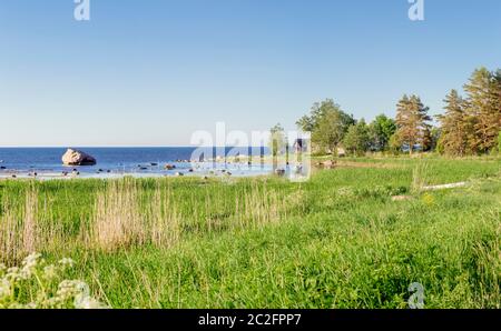 Kleines Dorf Altja in Lääne-Viru, Haljala Gebiet in Estland, Europa. Panoramablick über die Strandvegetation, blaue Ostsee. Stockfoto