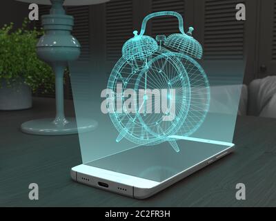 Ein dreidimensionaler virtueller Wecker wird vom Bildschirm eines Smartphones als Hologramm projiziert. Zukunftstechnologien. Moderne mobile App. Kreativer Kon Stockfoto