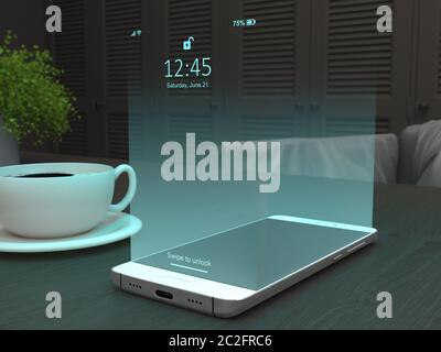 Der Smartphone-Bildschirm in Form eines dreidimensionalen virtuellen Hologramms. Modell der Leinwandprojektion. Zukunftstechnologien. Modernes Gadget. Kreativ Stockfoto