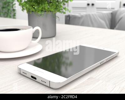 Weißes Smartphone mit einem leeren schwarzen Bildschirm. Ein Handy liegt auf dem Küchentisch neben einer Tasse Kaffee. 3D-Rendering Stockfoto