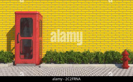 Eine alte rote Telefonzelle im Retro-Stil am Fußweg im städtischen Außenbereich gegenüber der Fassade der gelben Ziegelmauer und des roten Hydranten. 3D Stockfoto