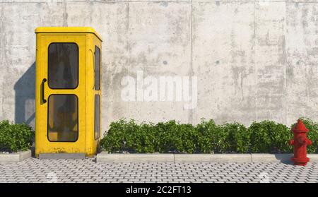 Eine alte gelbe Telefonzelle im Retro-Stil auf dem Fußweg in der städtischen Außenfassade gegenüber der Betonwand und dem roten Hydranten. 3D r Stockfoto