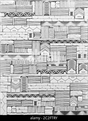 Textur der dekorativen Stein 3D-Platten an der Wand. Eine abstrakte Komposition aus Steinblöcken und Ziegeln mit Mustern im antiken Stil. Monochrom w Stockfoto
