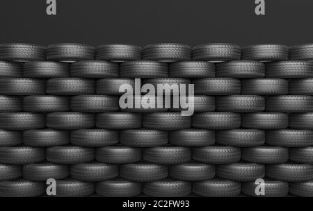 Ein Haufen Autoreifen liegt in einer Reihe auf schwarzem Hintergrund. Mock up für Werbung für Reifenmontage oder Auto-Wartung. 3D-Rendering. Stockfoto