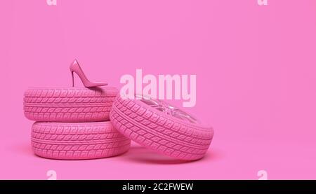 Pinkes Autorad und pinker Damenschuh auf pinkem Hintergrund. Kreative konzeptionelle Illustration in einem glamourösen mädchenhaften Stil. Platz für Text oder Logo kopieren. Stockfoto