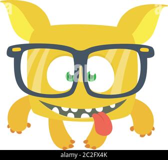 Glücklich Cartoon Monster tragen Brillen. Intelligentes Monster-Charakter-Design Stock Vektor